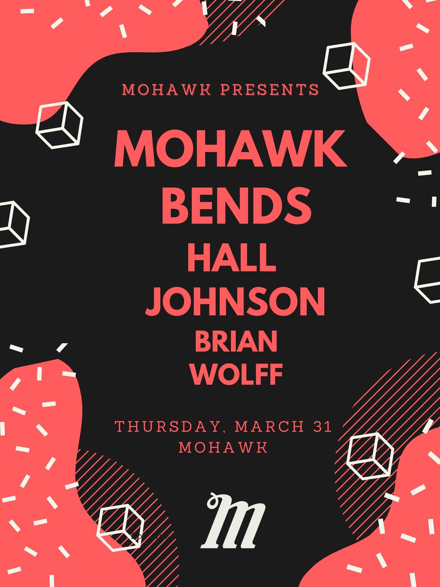 Tonight, indoor: <a href="/MohawkBendsTX/">Mohawk Bends</a> with <a href="/halljohnsonTX/">Hall Johnson</a>, Brian Wolff! Doors at 7pm, all ages. Tickets available at mohawkaustin.com