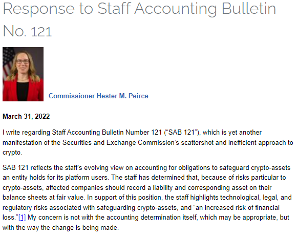 SEC Commissioner Peirce calls the SEC's newly-released Staff Accounting Bulletin 121 on crypto-assets a 'scattershot and inefficient approach to crypto.'   sec.gov/news/statement… #crypto #SEC #SAB121 #SECPeirce #cryptoassets #cryptoaccounting