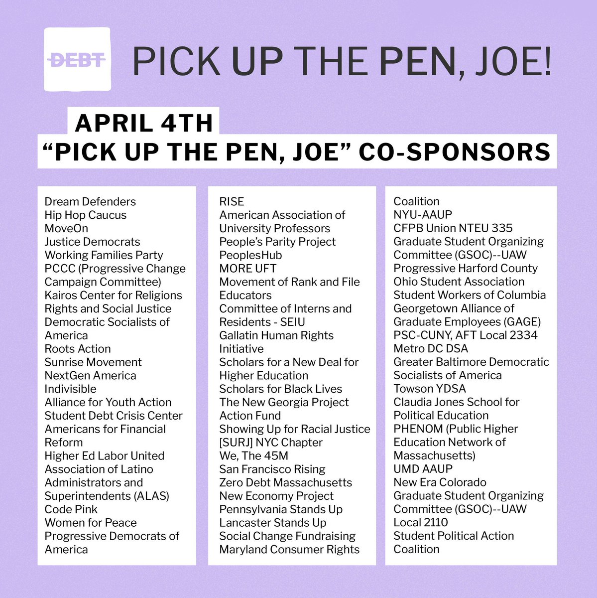 Roots_Action's tweet photo. We're going to be at the Department of Education with @StrikeDebt on April 4th, pressuring President Biden to #CancelStudentDebt. Check out all of the orgs that have signed on to be there. #WithoutStudentDebt
Join us. RSVP here: https://t.co/XumxZQWfyH https://t.co/hh4tsu4Njk