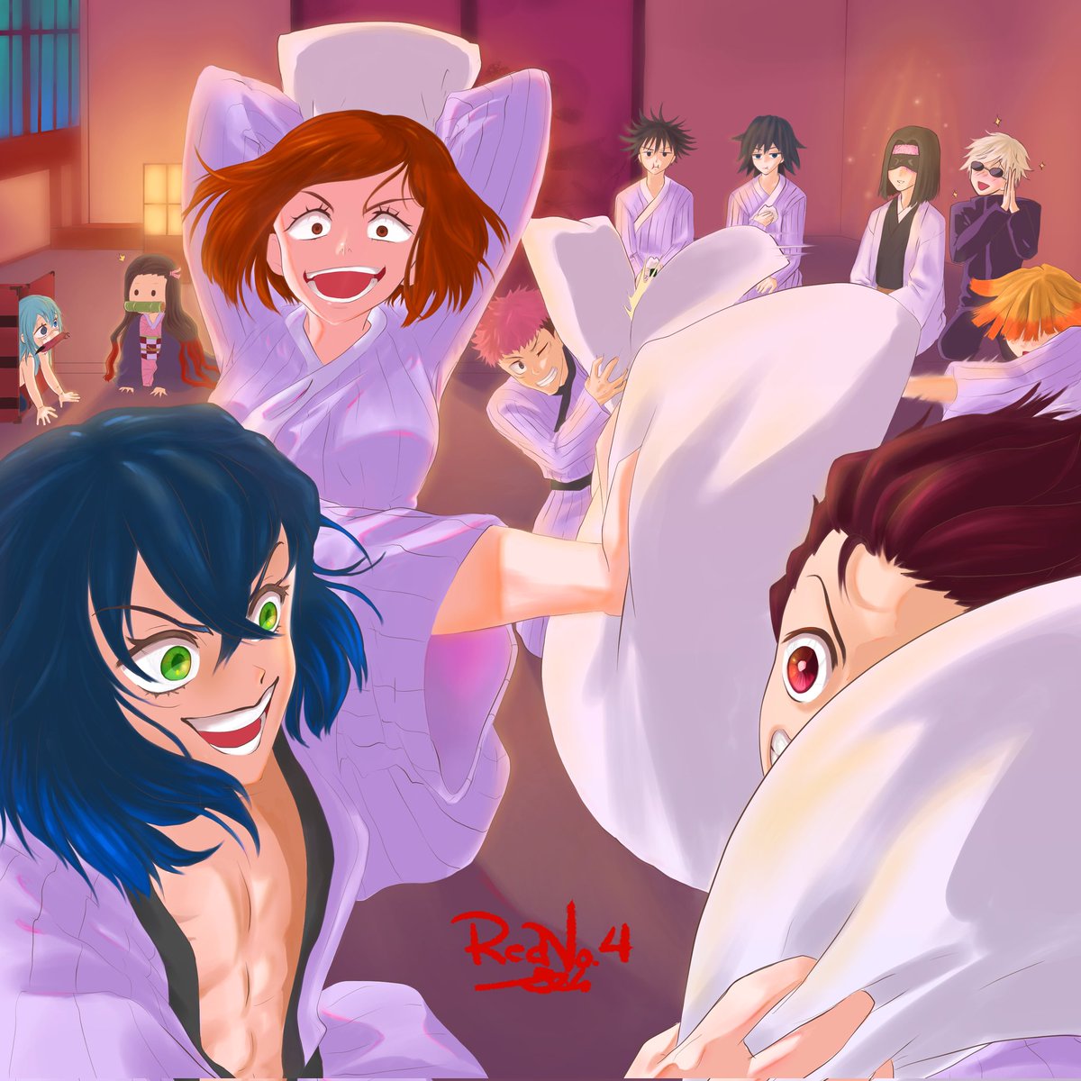 RedNo_4's tweet photo. 💫💥Pillow Fight💥💫 #DemonSlayer #FANART #JujutsuKaisen #Artist #jujutsukaisenfanart #anime https://t.co/qVs5iyfdGP