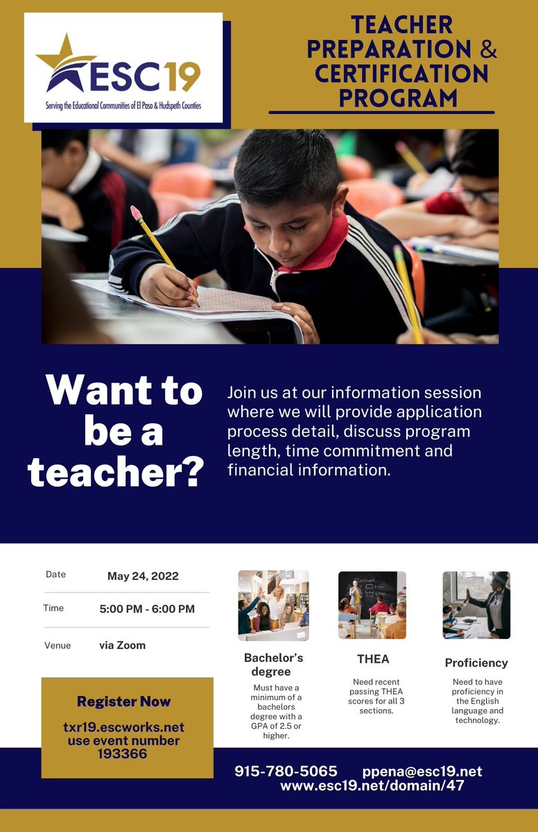 Do you have a bachelor's degree and are interested in being a teacher? Join us to learn how we can make your dream a reality! esc19.net/domain/47 @TPCP_Region19 <a href="/ESCRegion19/">ESC-Region 19</a> <a href="/Liz_C_Bonilla/">Elizabeth Bonilla</a> <a href="/EHinojosESC19/">Eddie Hinojos</a> <a href="/SocorroISD/">Socorro ISD</a> <a href="/YsletaISD/">Ysleta ISD</a> <a href="/ELPASO_ISD/">El Paso ISD</a> <a href="/ClintISD/">Clint ISD</a> <a href="/CanutilloISD/">Canutillo ISD</a>