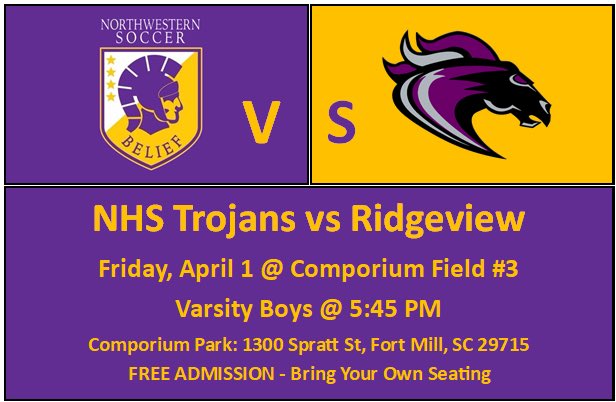 Updated Start time: 5:45 PM (Girls match cancelled) <a href="/NHSTrojans/">NHS Athletics</a> <a href="/RidgeViewSports/">Ridge View Sports</a>