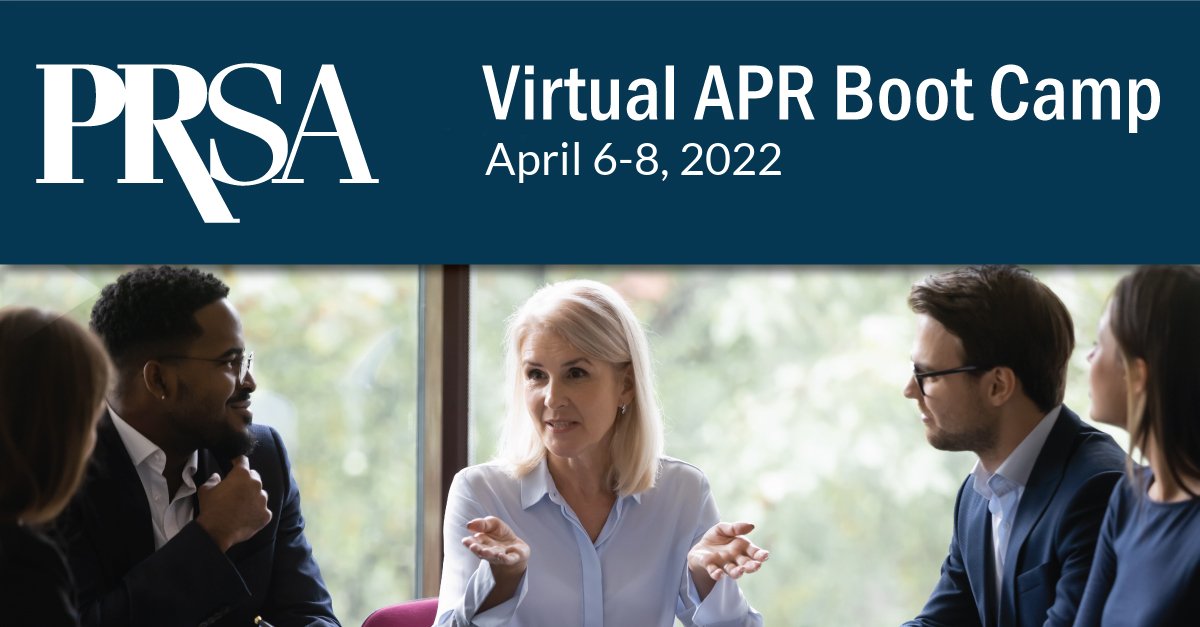 Getting your APR? The APR Boot Camp is a three-day intensive course for candidates to prepare for and be Advanced through the Panel Presentation™ and take the computer-based Examination for Accreditation in Public Relations (APR). Learn more: prsa.org/event/2022/04/…
