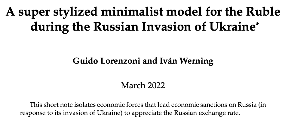 IvanWerning's tweet photo. What is going on with the Ruble🇷🇺? Should it depreciate or appreciate? 

I think there are forces both ways and that could possibly explain why it has moved around and recovered.

A thread about this little note with my genius friend @guido_lorenzoni 
🧵

https://t.co/hddDN7BKhG https://t.co/UKErZykelU