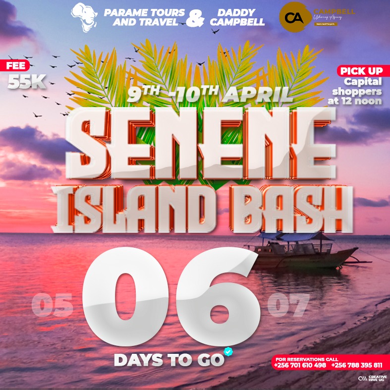 Parame_Tours's tweet photo. 06 Days to Go!
Book your SENENE ISLAND BASH slots today! #seneneislandbash #parametours #campbellushering
Call us via:
0701610498/0788395811/0705272740/0393236364. https://t.co/fUI9VVcUiR