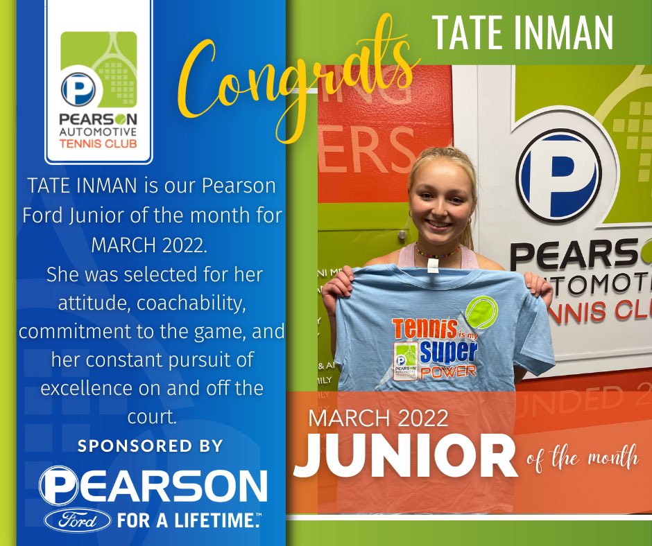PearsonTennis's tweet photo. Congratulations, Tate! Keep up the great work.
#JunioroftheMonth #PearsonFord https://t.co/5ED2VuESgj