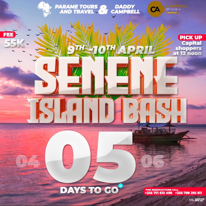 Parame_Tours's tweet photo. 05 Days to Go!
Book your SENENE ISLAND BASH slots today! #seneneislandbash #parametours #campbellushering
Call us via:
0701610498/0788395811/0705272740/0393236364. https://t.co/5Kv3IaGd0s