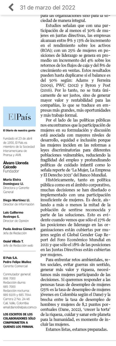 La época de asambleas empresariales y elecciones nos lleva a reflexionar sobre un desafío que tenemos: llevar los retos de las mujeres y su visión, a todos los espacios donde se toman decisiones. Mi columna de hoy en <a href="/elpaiscali/">El País Cali 📰</a>, ‘¡Estamos listas!’.