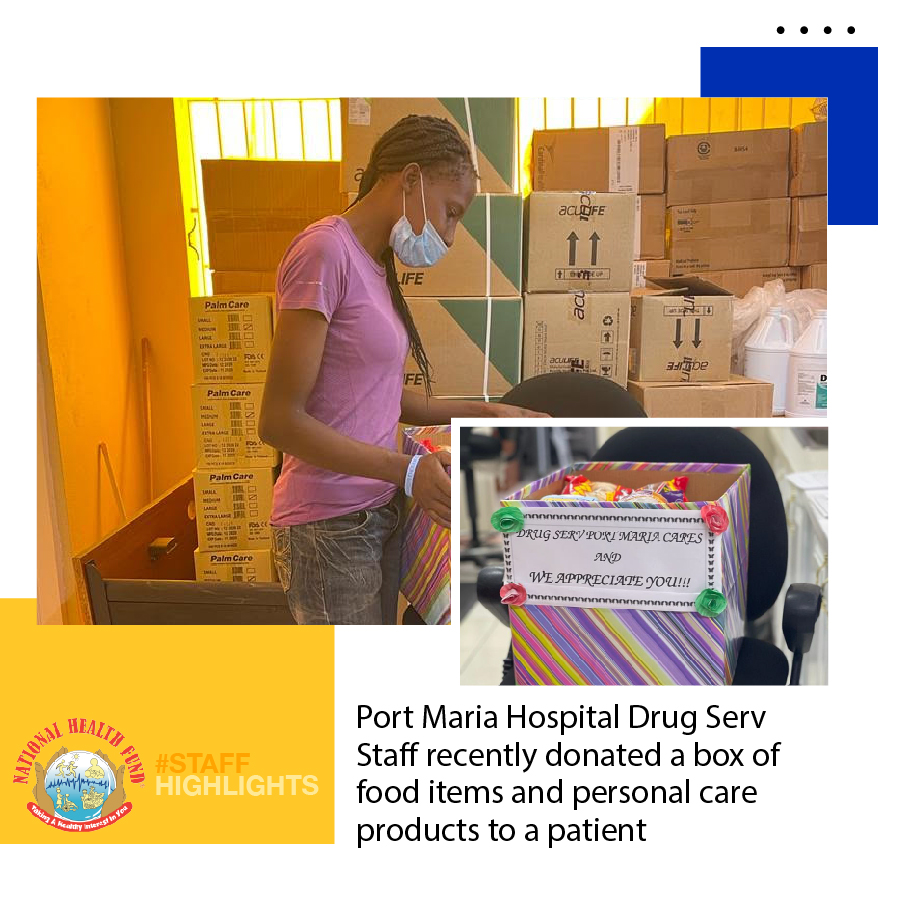 NHFJamaica's tweet photo. A round of applause to the Port Maria Hospital Drug Serv team for the work that they do in the communityποΏ½οΏ½οΏ½οΏ½. Recently they donated a box of food items and personal care products to a patient in need.
#NHFCares #NHF #NHFJamaca #NationalHealthFund #StaffHighlights https://t.co/pora9wI1gT