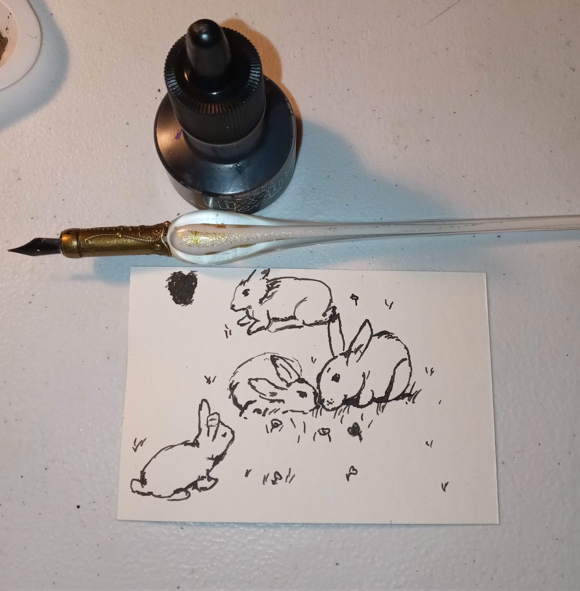 2bnallegory's tweet photo. Been playing with a fountain pen and doodling rabbits. Watched a documentary of Beatrix Potter and was inspired. #artistontwitter #animalart https://t.co/f8y3WK780G