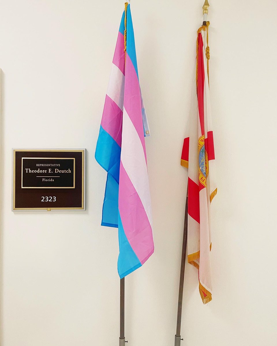 RepTedDeutch's tweet photo. On #TransDayOfVisibility, I'm proud to hang this flag outside my office.  Tallahassee may try to silence #LGBTQ+ voices, but we will together affirm that #TransRightsAreHumanRights. 

To trans &amp; nonbinary Floridians &amp; Americans: you are seen, you are valued, &amp; you belong. https://t.co/NTK83CmmQ1
