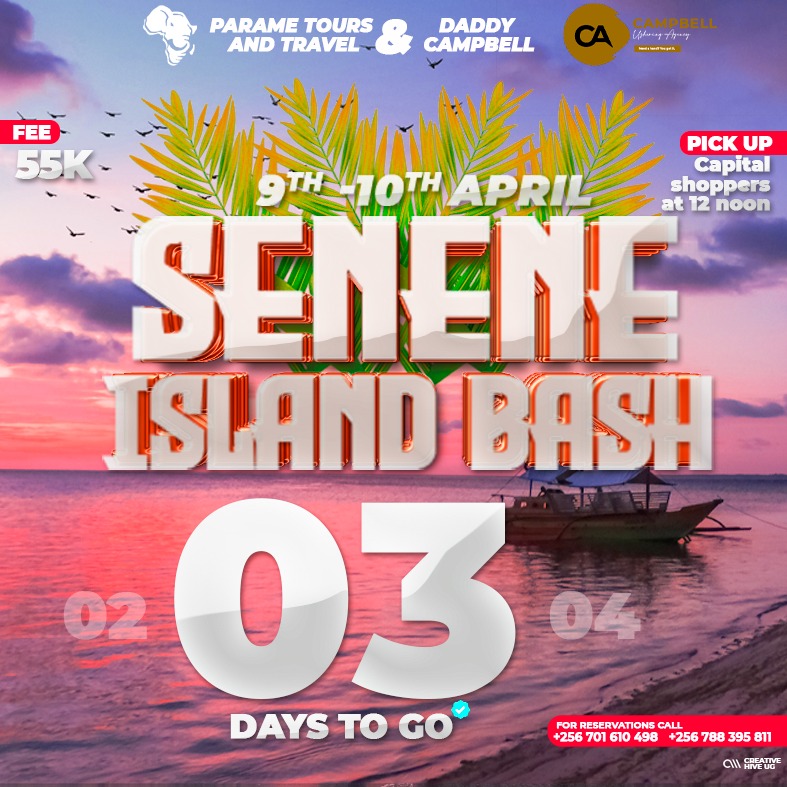 Parame_Tours's tweet photo. 03 Days to Go!
Book your SENENE ISLAND BASH slots today! #seneneislandbash #parametours #campbellushering
Call us via:
0701610498/0788395811/0705272740/0393236364. https://t.co/sOOpSzWFnd