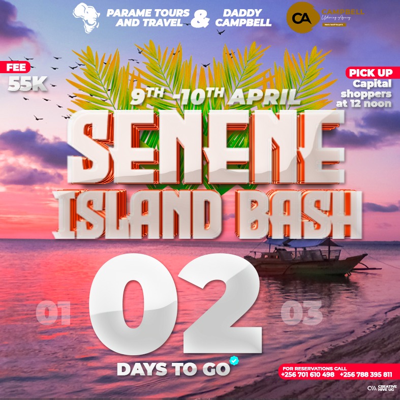 Parame_Tours's tweet photo. 02 Days to Go!
Book your SENENE ISLAND BASH slots today! #seneneislandbash #parametours #campbellushering
Call us via:
0701610498/0788395811/0705272740/0393236364. https://t.co/yfZOpaeZYf