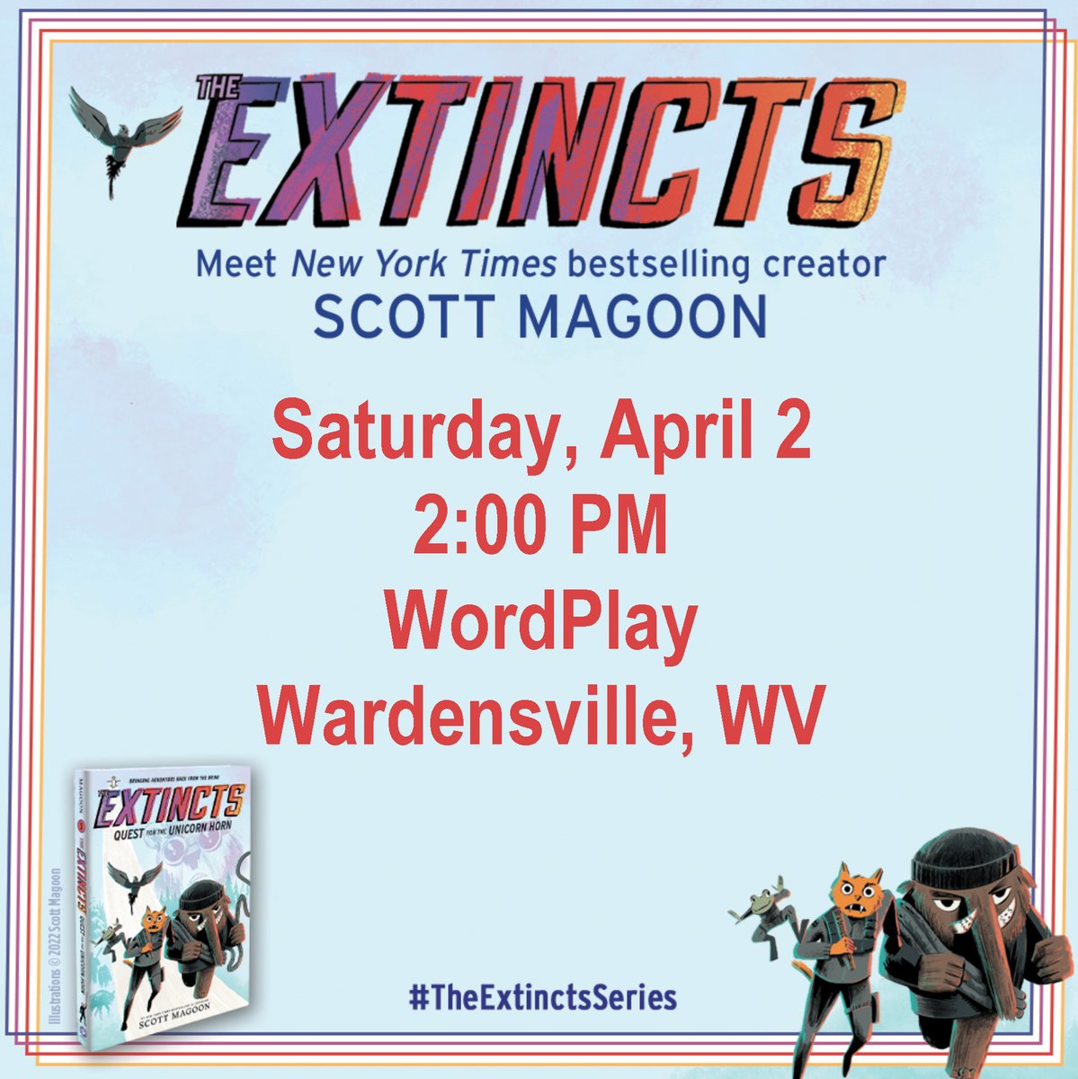 Venture out to <a href="/WordPlayWV/">WordPlay</a> this Saturday at 2pm to hear author <a href="/smagoon/">Scott Magoon</a> talk about book one in his brand new graphic novel series! #TheExtinctsSeries bit.ly/3Lc3ZEO
