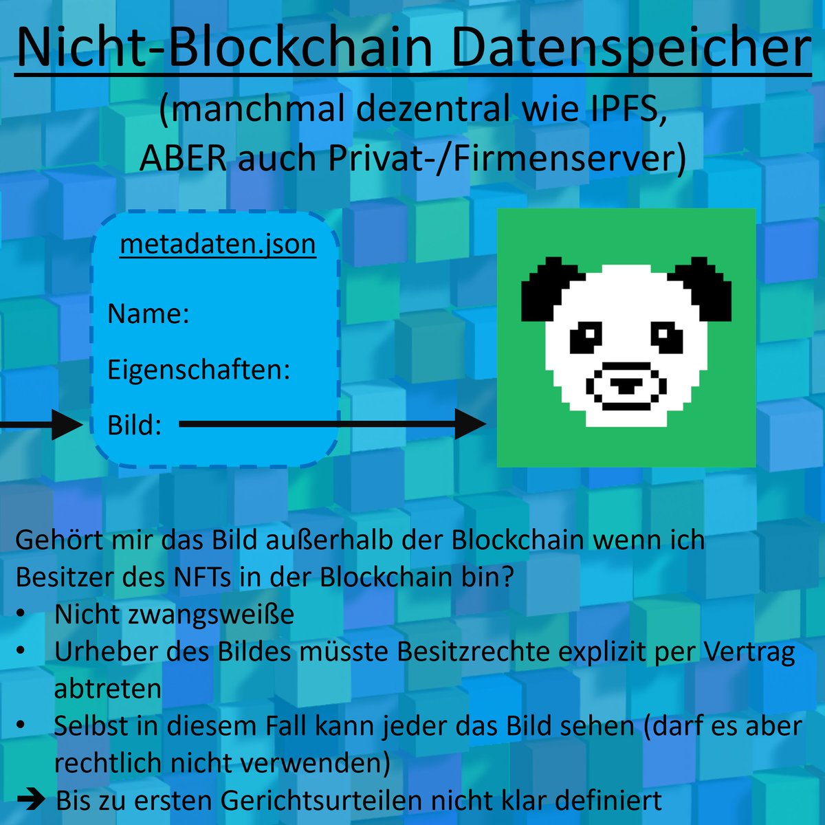 nft_pixels_io's tweet photo. Welche Teile eines NFTs werden eigentlich in der Blockchain gespeichert und welche außerhalb?

Hier gibt's die Infos:

#nft #german #solana #art #dapp #digitalart #SolanaNFTs #technology https://t.co/pfMPqCSKB4