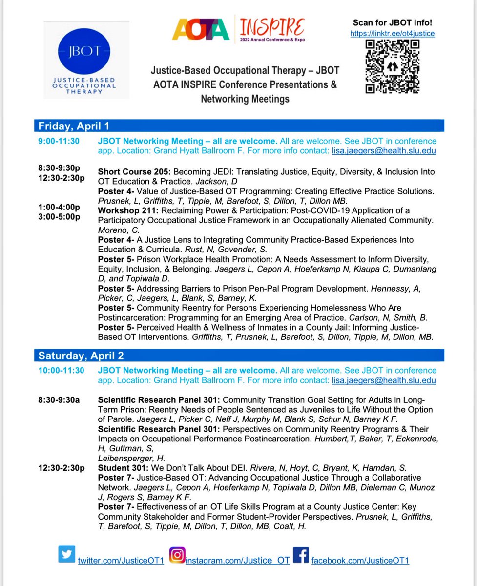 🌟 check out many of the JBOT - related sessions at AOTA Inspire conference in San Antonio this week. Meet up at our networking sessions on Fri and Sat. Add them to your schedule in the conference app!🌟 #aotainspire22 #aotainspire2022