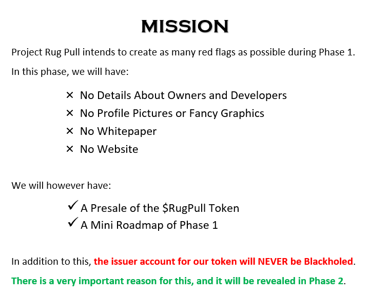 RugPullXRPL's tweet photo. #ProjectRugPull will be divided into 3 Phases.
While we already have a specified Mission and Vision and a Whitepaper,
These details will only be disclosed in Phase 2.

Only those who get in while we are in Phase 1 will reap the benefits in Phase 2 and Phase 3. https://t.co/iVueZ0dncb
