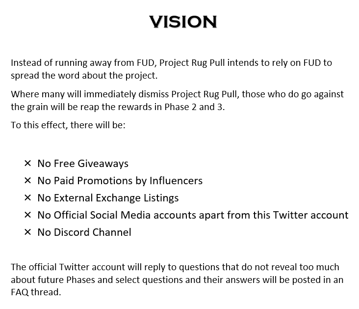 RugPullXRPL's tweet photo. #ProjectRugPull will be divided into 3 Phases.
While we already have a specified Mission and Vision and a Whitepaper,
These details will only be disclosed in Phase 2.

Only those who get in while we are in Phase 1 will reap the benefits in Phase 2 and Phase 3. https://t.co/iVueZ0dncb
