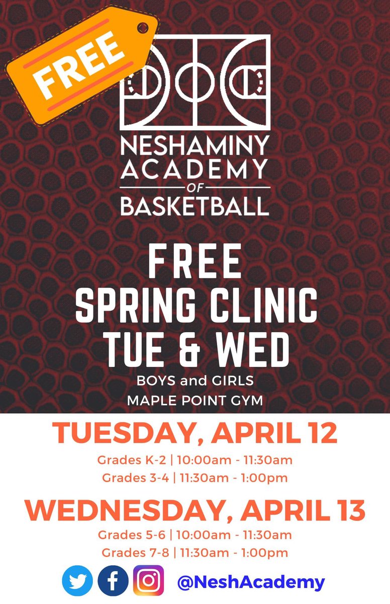 NeshAcademy's tweet photo. Sign up for our FREE Spring Break Clinic! 100 available slots for each clinic. To register, email: neshacademy@gmail.com and let us know the name and age of your son/daughter! https://t.co/P2NE3AD8Rx