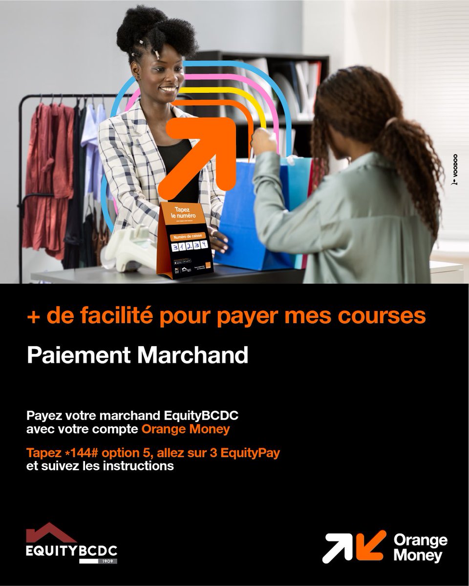 Orange__RDC's tweet photo. Famille Orange,

En ce jour, @EquityBCDC &amp; #OrangeMoney ont lancé 2 merveilleux services qui vous permettront de faciliter vos paiements dans les supermarchés dotés de #EquityPay et aussi de transférer de l’argent de votre compte Equity ➡️ Orange Money et vice versa #BanknaPhone https://t.co/nerSFeMX5T