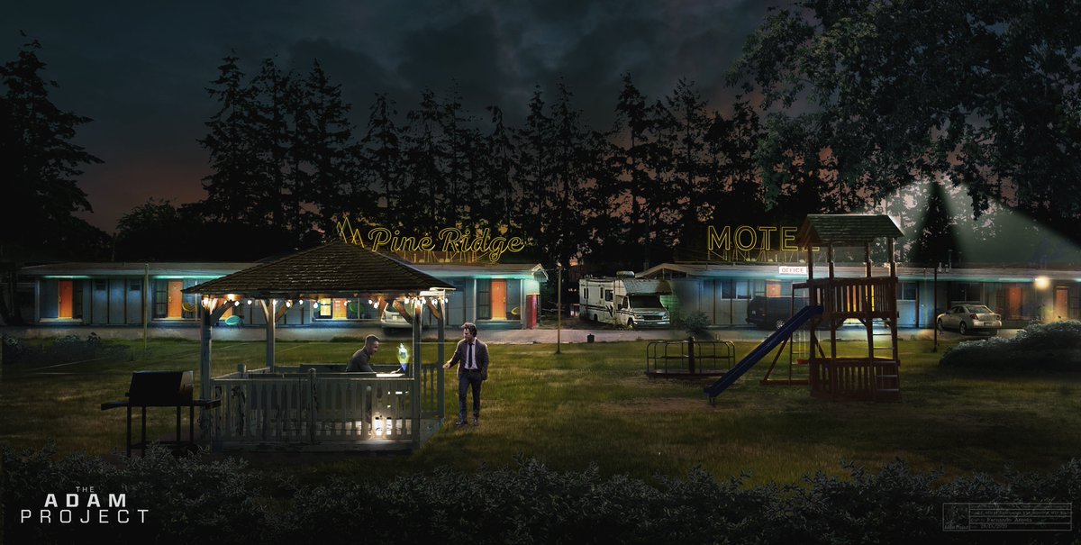 facosta's tweet photo. The Pine Ridge motel was a fun set to design in #theadamsproject . it was so nice to see that there's a movie shot that's very close to my original concept... hits me right in the heart ♥️ @VancityReynolds @ShawnLevyDirect https://t.co/wwopAzcsFx