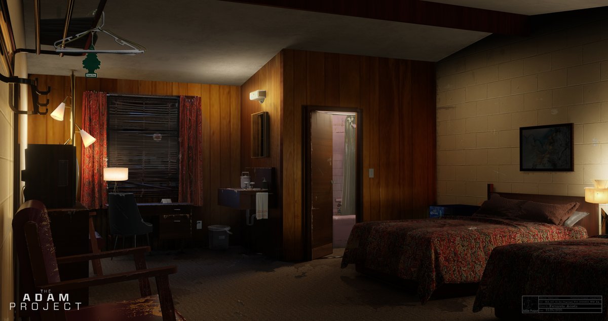 facosta's tweet photo. The Pine Ridge motel was a fun set to design in #theadamsproject . it was so nice to see that there's a movie shot that's very close to my original concept... hits me right in the heart ♥️ @VancityReynolds @ShawnLevyDirect https://t.co/wwopAzcsFx