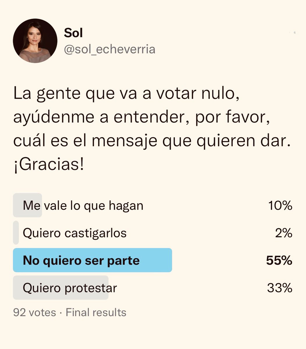 sol_echeverria's tweet photo. Este es el resultado del pequeño sondeo de ayer. Gracias por las respuestas. Mi red es pequeña pero el ejercicio de investigación muy valioso para mí. Mi conclusión, aunque muchos sientan que quieren Opt-out, no creo que sea posible. Vamos en el mismo barco, sí o sí. https://t.co/aDEN3IaYb7