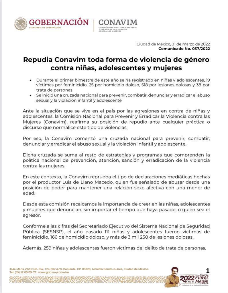 CONAVIM_MX's tweet photo. #Boletín 📄|Ante la situación que se vive en el país por las agresiones en contra de niñas y adolescentes, la #CONAVIM_MX reafirma su posición de repudio ante cualquier práctica o discurso que normalice este tipo de violencias. @FiscaliaCDMX
���️ https://t.co/n24TGc1XL8 https://t.co/HBs7ZQbjXM