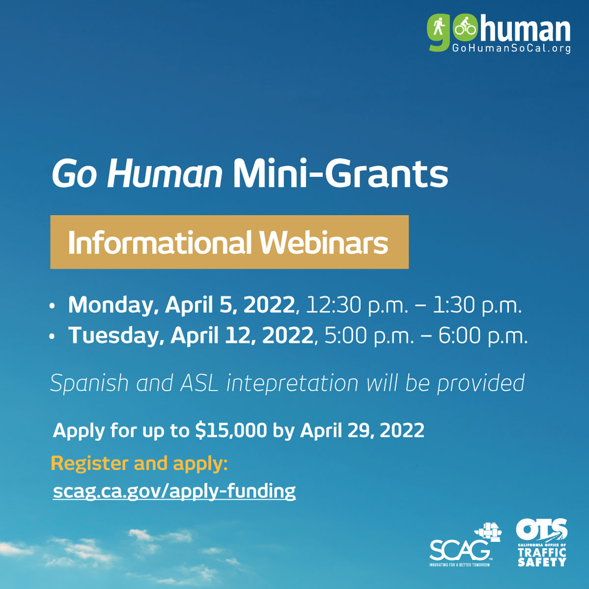 GoHumanSoCal's tweet photo. Funding alert! Learn about the #GoHumanSoCal Mini-Grant program for safe streets advocates in southern California on 4/5 & 4/12. Spanish and ASL interpretation will be provided.
Register here: https://t.co/iPh8lG8TJQ https://t.co/7gMGE86jO7