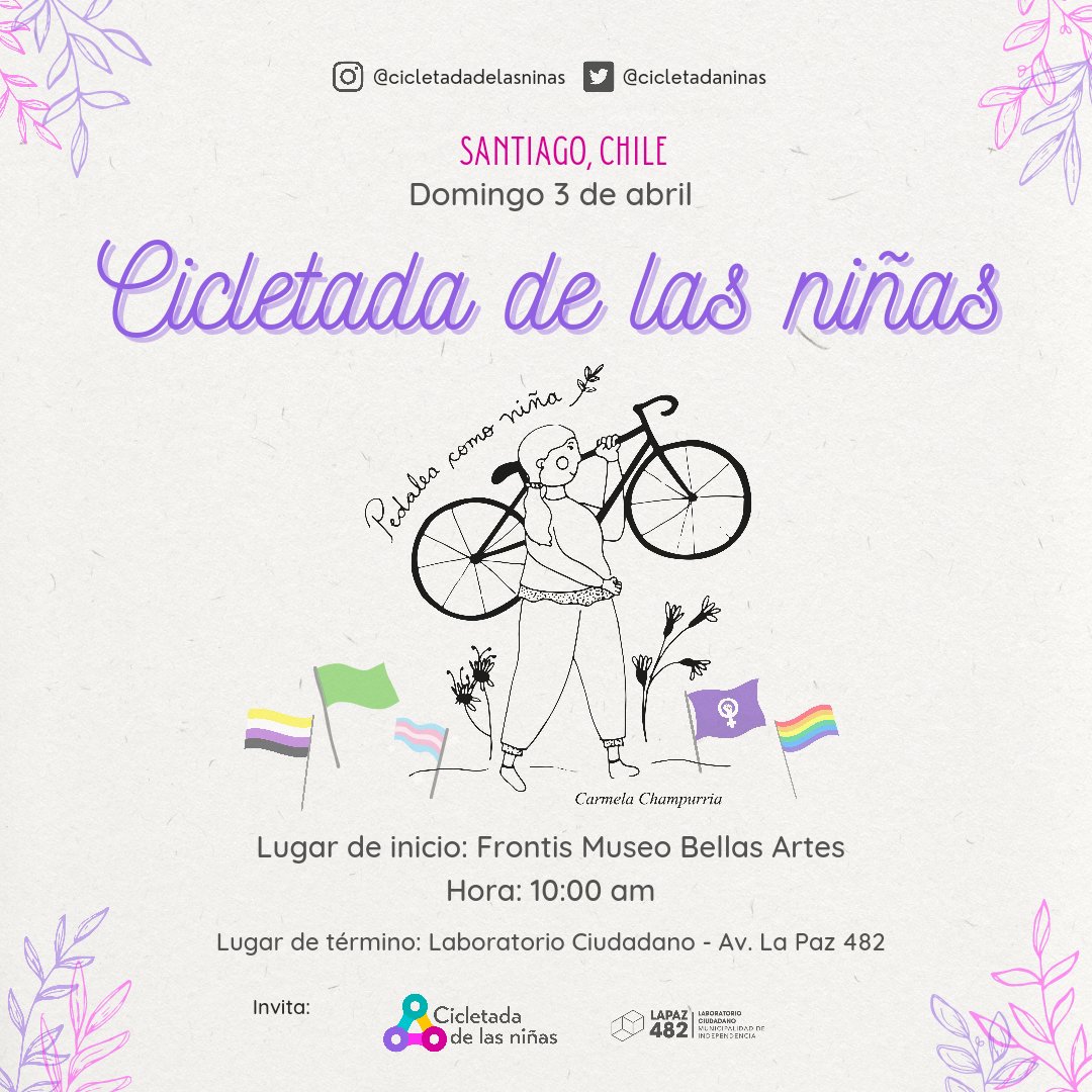 Si quieres participar en esta actividad para niñas, mujeres y disidencias, solo debes llegar con tu bici (a Bellas Artes) o a pie directamente a La Paz 482. Tendremos actividades, talleres, música y sorpresas 🥰
