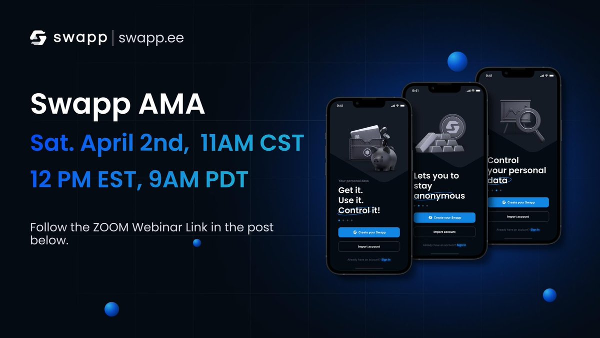 SwappFi's tweet photo. Join our #AMA on Sat, April 2nd 11:00amET for exclusive access

To the V1 release of #SwappID
The first and only data monetization, user protection #application and browser #extension 

https://t.co/AYHjOdDFUi
👆use link for AMA access 
Take the fist step towards data sovereignty https://t.co/vgNISkuYyD