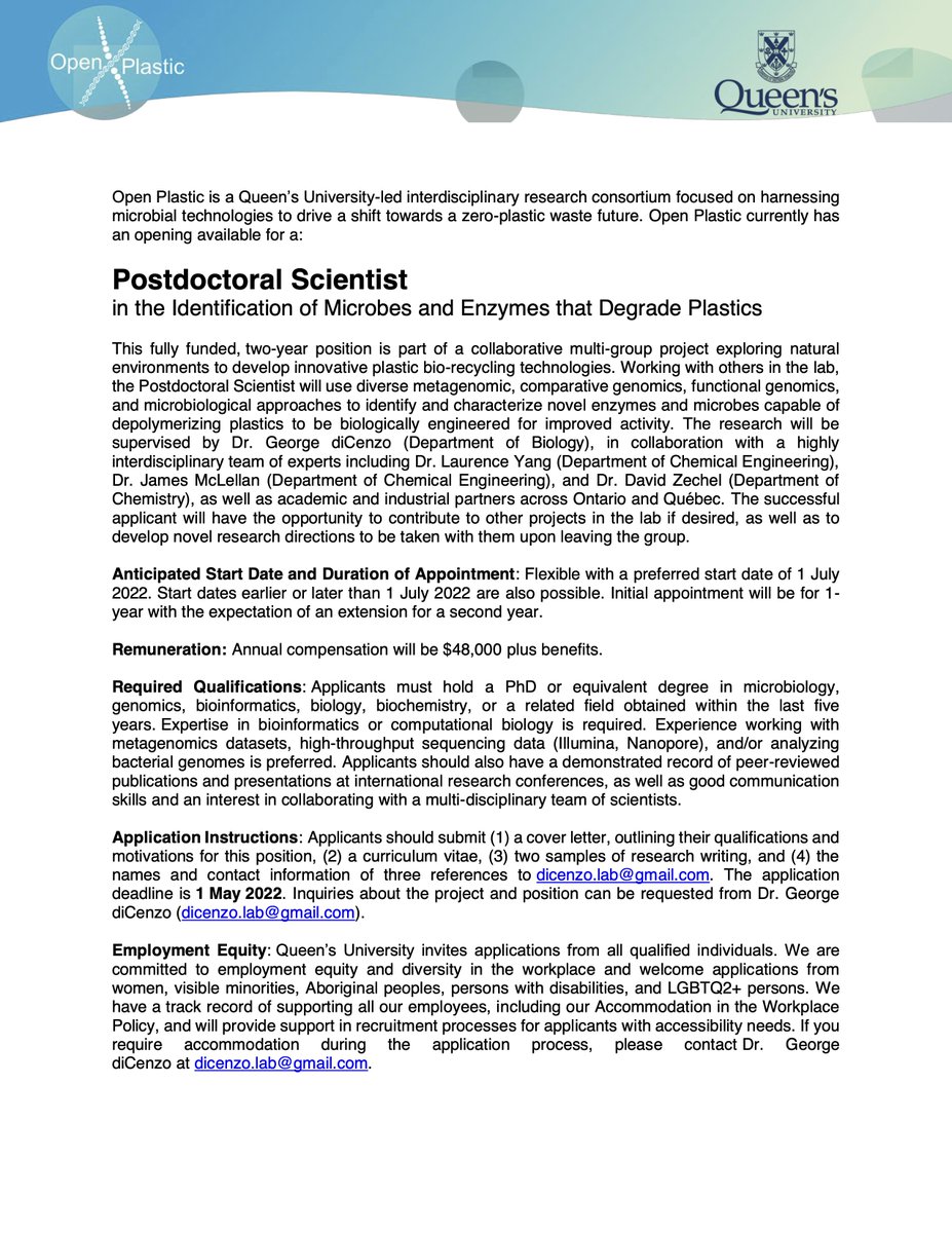 Are you looking for a postdoc position? And are you a bioinformatician / computational biologist with an interest in microbiology, metagenomics? Then I may have an opportunity for you <a href="/QueensUBio/">Queen's Biology</a>! Application deadline May 1st. <a href="/OpenPlastic/">Open Plastic</a> <a href="/CSM_SCM/">Canadian Soc. Micro.</a> <a href="/queensuResearch/">Research@Queen's University</a>