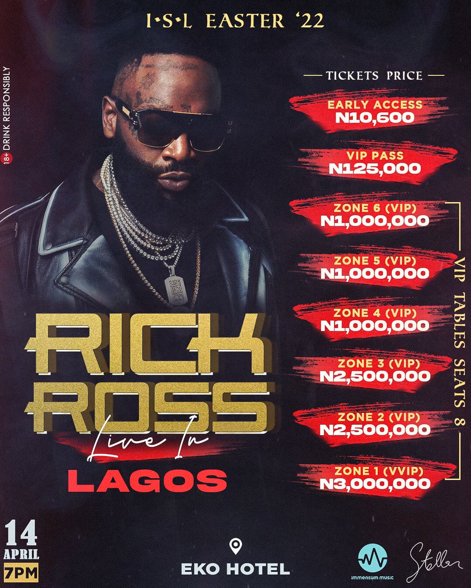 The countdown to “Rick Ross Live in Lagos” begins!! This is the show you don’t want to miss this Easter ✨

Prepare to get your groove on with #TheBoss on April 14th

Tickets are live now - islevents.co