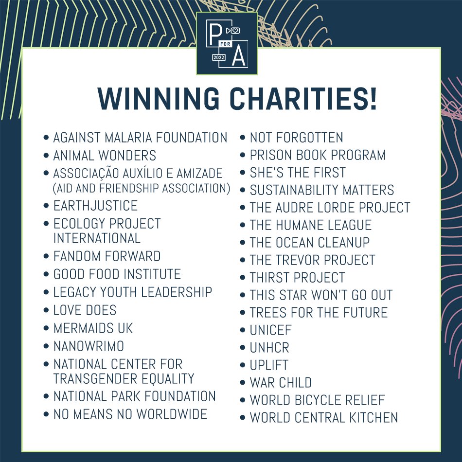proj4awesome's tweet image. These are the charities receiving #P4A2022 grants!! 
Money raised during the first half of the P4A will go to @PIH and @SaveTheChildren and money raised during the second half will go to these charities. 🥳
