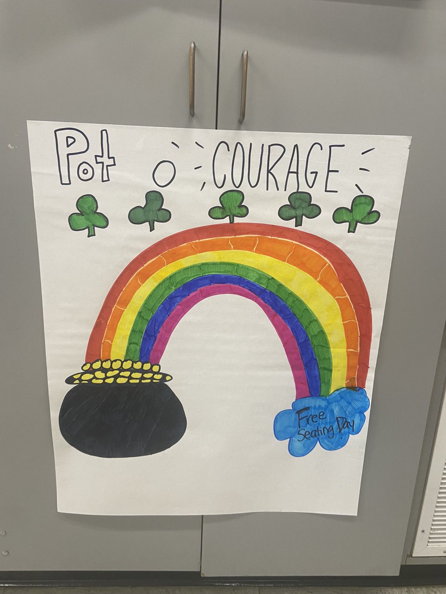 Took my kids all 31 days of March, but they finally completed the rainbow for their pot of courage! They did an awesome job showing courage &amp; affirming their peers! Keep me in your thoughts during their free seating day tomorrow 🤪