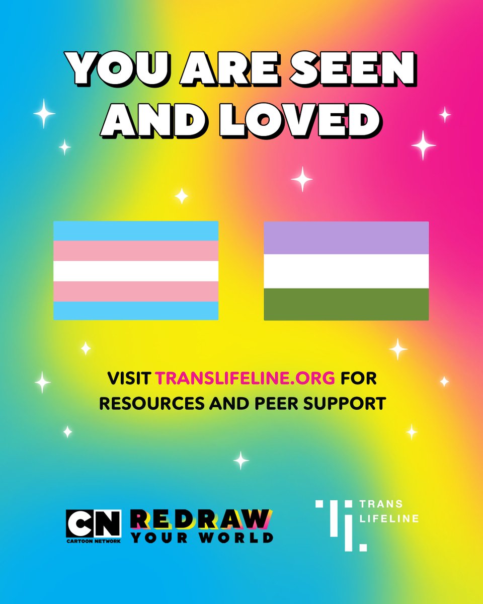 Transgender, non-binary, and gender non-conforming kids and adults deserve to be seen, heard, and supported! 🏳️‍⚧️💖✨ For resources and support 🔗 translifeline.org/resources/ 

#TransDayofVisibility #TransgenderDayofVisibility #cartoonnetwork #redrawyourworld #TDOV