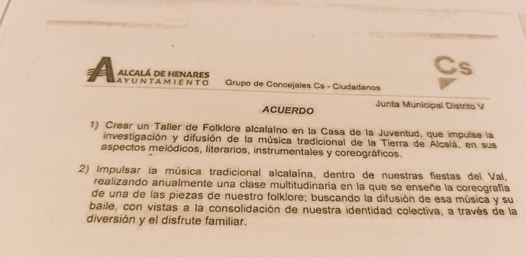 Distrito V: Aprobada por unanimidad la propuesta para crear un taller de folklore alcalaíno e impulsar nuestra música tradicional a partir de las Fiestas del Val ¡Enhorabuena a todos los alcalaínos!