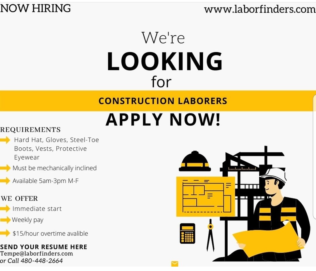 LaborFindersAZ's tweet image. Apply now for our construction laborer position! #felonfriendly #felonfriendlyemployer #backgroundfriendly #flexibleposition #weeklypay