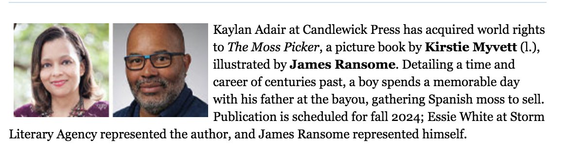 StormLiterary's tweet photo. Reading this story transported me to another place and time #KirstieMyvette's gorgeous writing in THE MOSS PICKER paints a vivid bayou landscape and introduces the reader to a family they come to know and cherish. Illustrations by #JamesRansome @Candlewick @KidlitInColor #kidlit https://t.co/TbV8gU38Xj