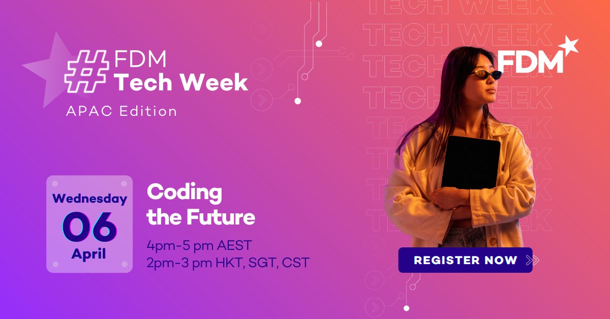 FDMGroup's tweet photo. Have you signed up to our #FDMTechWeek (#APAC) yet?
Don’t miss your chance to get all the juicy info on what’s latest in the #tech world from our industry experts and how you can be a part of the fastest-growing job sector 🚀
Register now: https://t.co/d8Ael0xWR7
#FDMcareers https://t.co/SrgOG0fUay