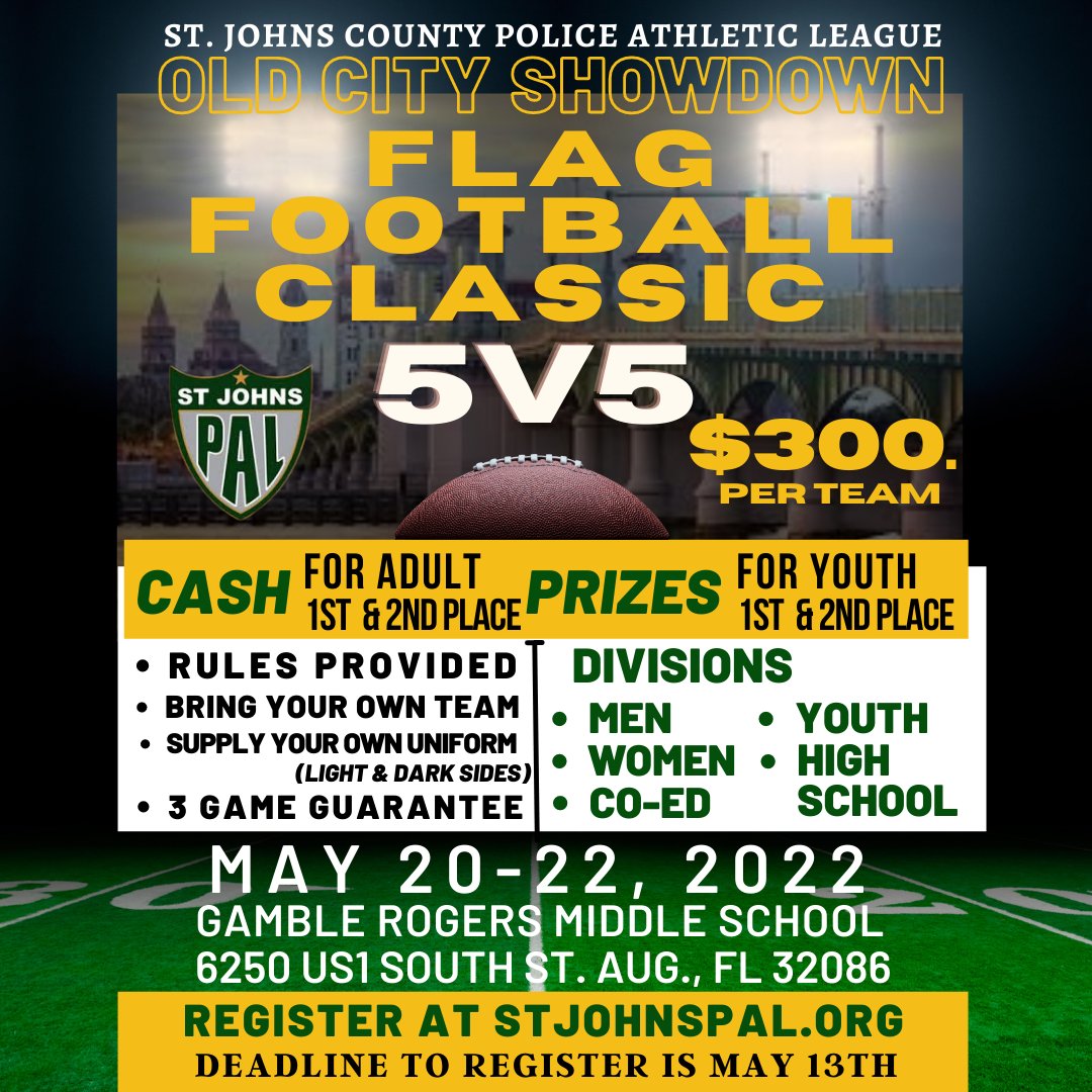 stjohnspal's tweet photo. Get your teams together for the Old City Showdown Flag Football Classic! Registration is open!
.
.
.
#morethanagame #stjohnspal #flagfootball #oldcityshowdown #flagfootballclassic #gamblerogers #homefieldadvantage https://t.co/l1Ufd18k1q