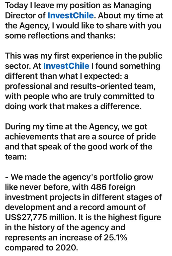 arodriguezrowe's tweet photo. Today I leave my position as Managing Director of @InvestChile... https://t.co/Blqes6m5bY