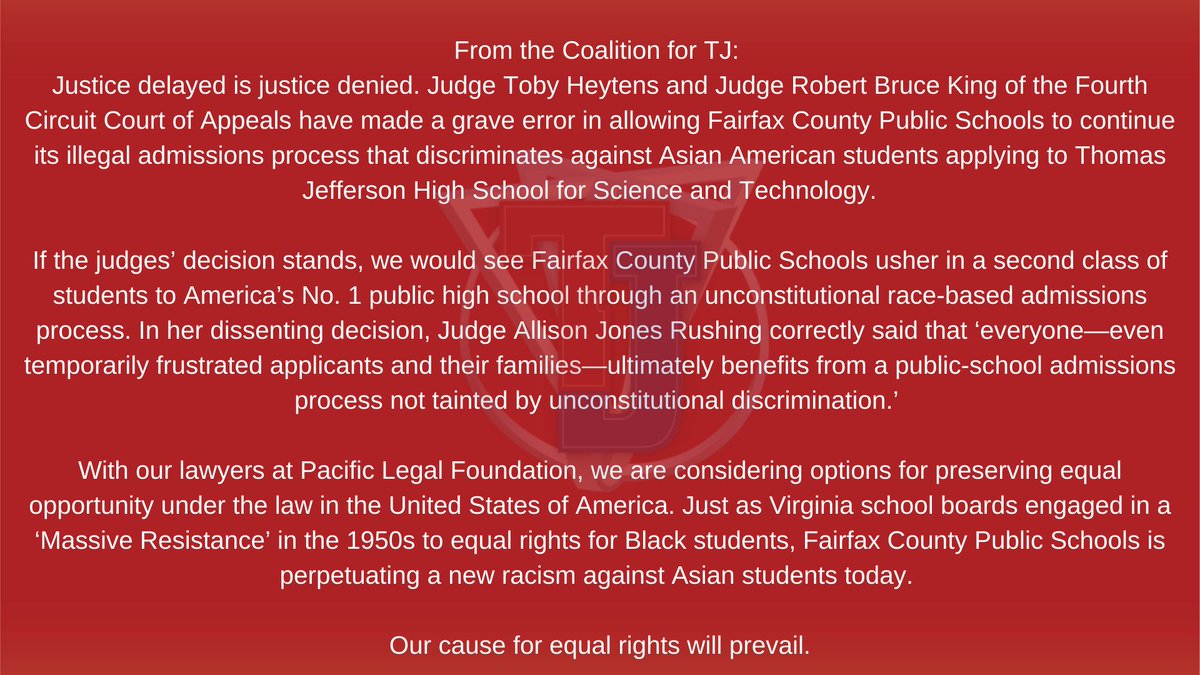 AsraNomani's tweet photo. Breaking. 2-1, 4th Circuit Court of Appeals allows @fcpsnews to continue its racist, anti-Asian, unconstitutional, illegal admissions to @TJHSST_Official. 
Official @coalitionforTJ statement ⬇️ 
Justice will prevail 🇺🇸
Decision: https://t.co/DrLq1lUFn8 https://t.co/LsFmWoWaJk