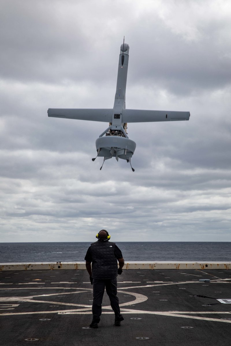 USNavy's tweet photo. 👁️  in the ☁️ 

#USSArlington (LPD 24) conducts V-BAT 128 unmanned aerial system operations in the Atlantic Ocean, March 25. 

The Kearsarge Amphibious Ready Group with embarked @22nd_MEU is on a scheduled deployment in the U.S. 2nd Fleet area of operation. https://t.co/8NptYLwLlj