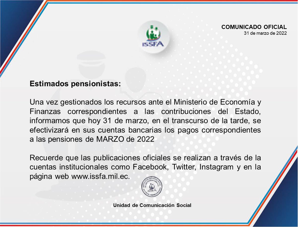 ISSFA_ECUADOR's tweet photo. 🔴  Issfa informa https://t.co/fwdXyVS5Iu