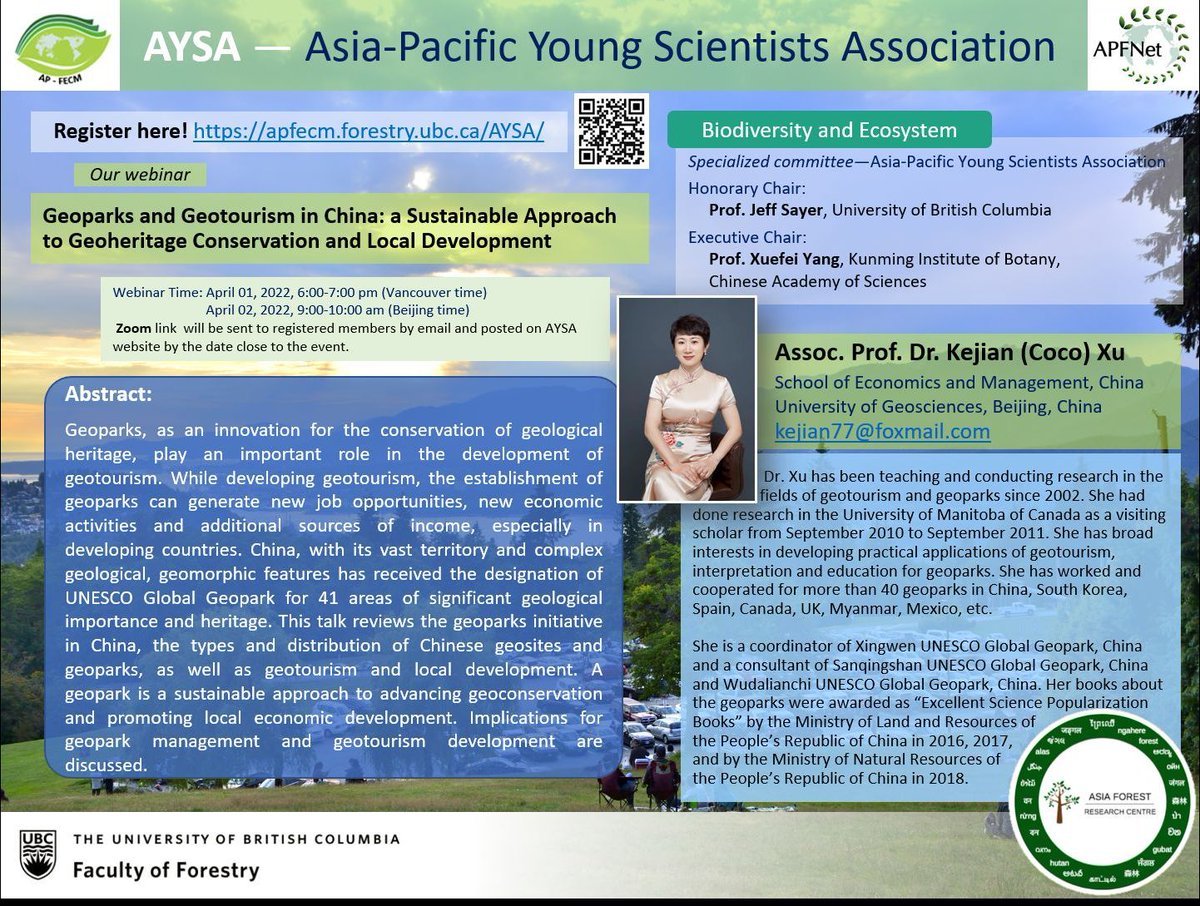 afrc_ubc's tweet image. AYSA webinar on Geoparks and Geotourism in China. Time: April 01, 2022, 6:00-7:00 pm (Vancouver time) /April 02, 2022, 9:00-10:00 am (GMT+8)
Zoom link:  ubc.zoom.us/j/62401160459?…
Meeting ID: 624 0116 0459
Passcode: 030976