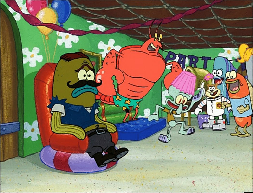 CodySThomason's tweet photo. the tattletale strangler is one of my favorite episodes of spongebob because squidward looks like he’s having fun at the parties https://t.co/d6WXnvRoWp