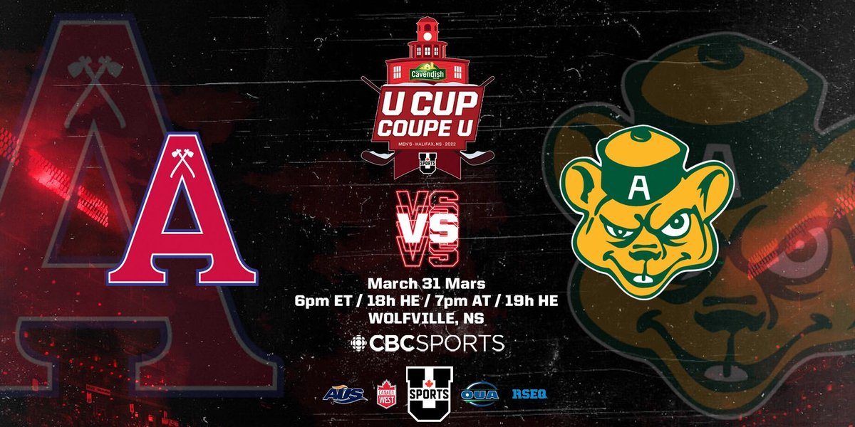 USPORTS_Hockey's tweet photo. 🚨🏒The second quarter-final match of day one at the 2022 Cavendish Farms University Cup begins at 7 PM AT / 6 PM ET.

Stream each match on https://t.co/RPnGO5u5VR &amp; 
@CBCgem

🖥️: https://t.co/cIxlazK9K1 

#ChaseTheGlory | #ViserHaut https://t.co/nC7eYLUnNF
