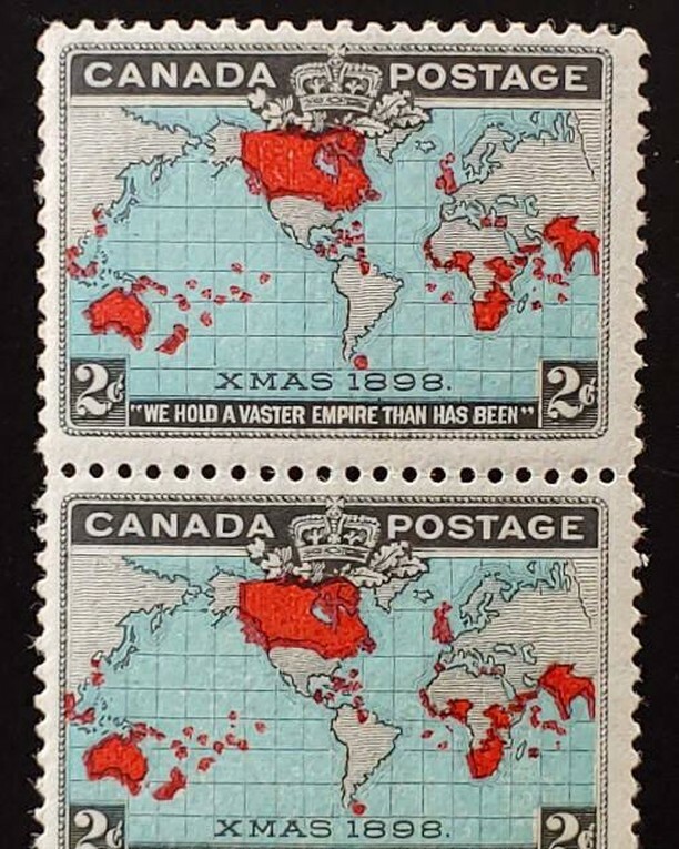 AllNations1949's tweet photo. "We hold a vaster Empire than has been" Lot 35 Canada #86b Fine+ Never Hinged 1898 2c Map Pair $120.+ #StampAuctions #ChristmasStamps #ClassicCanadaStamps https://t.co/NPZLu40DGj