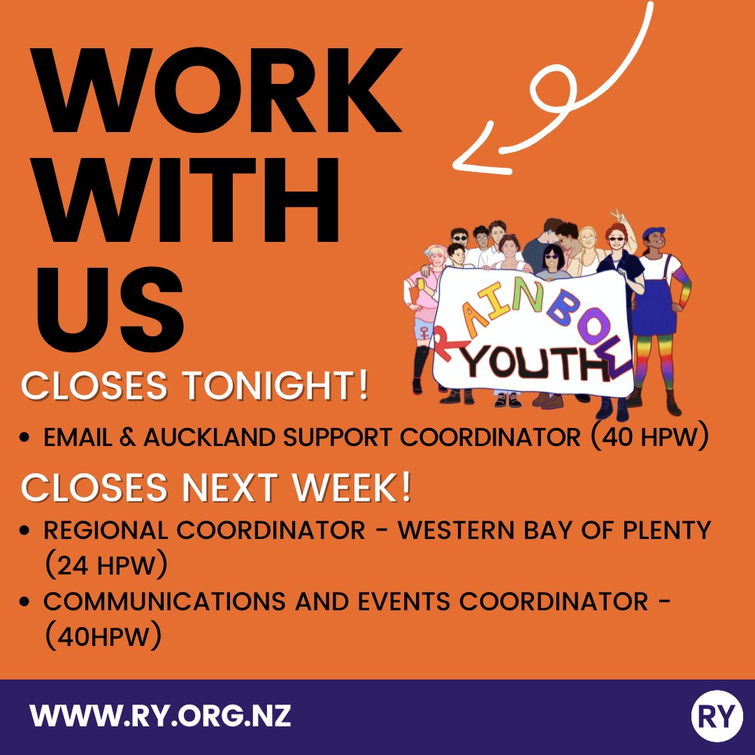 Today is the last day to apply for our Email and Auckland Support coordinator role, so get your applications in before midnight tonight! 
We're also recruiting for a Regional Coordinator in Western Bay of Plenty, and a Communications and Events Coordinator
ry.org.nz/work-with-us